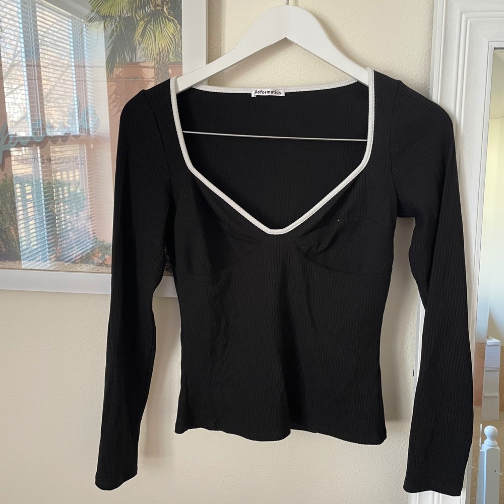 Reformation Elie Ribbed Long Sleeve Contrast Trim Top in Medium